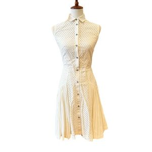 silk and poplin short sleeve eyelet LELA ROSE off white cinched dress Sz 4